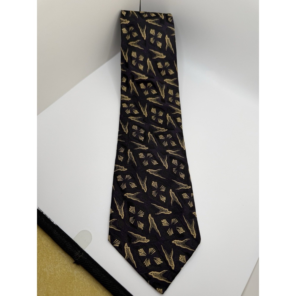 Vintage Polo Ralph Lauren Tie Navy‎ Gold Abstract Geometric Silk Made Hand USA